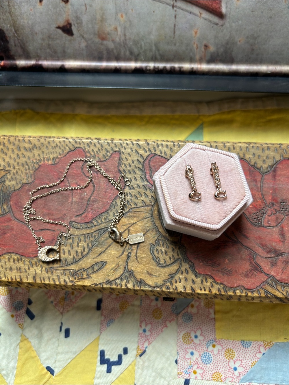 Coach Rose Gold Pave “C” Necklace and Earrings